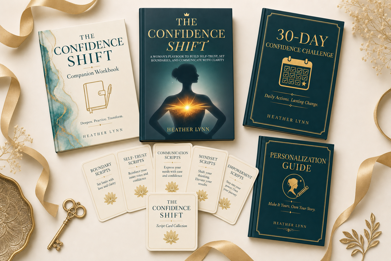 The Confidence Shift full bundle — main book flanked by Companion Workbook, 30-Day Challenge, Script Cards, and Personalization Guide